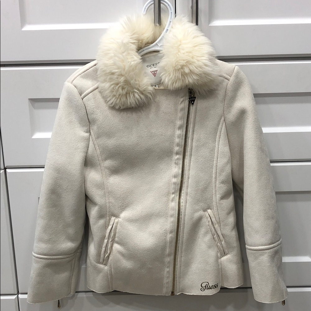 Guess Girls Faux Suede Jacket – Ivory with Faux Fur Collar – Size 6